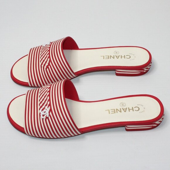 Chanel 20 mm Lady Carriage Mules White & Red Stripes size EU 40.5 / US 10.5 NEW